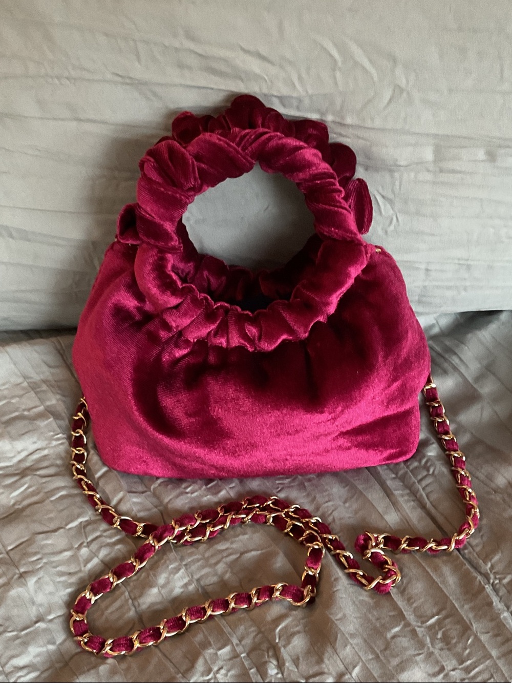 Ruched Velvet Mini Bag with Chain Strap in Wine